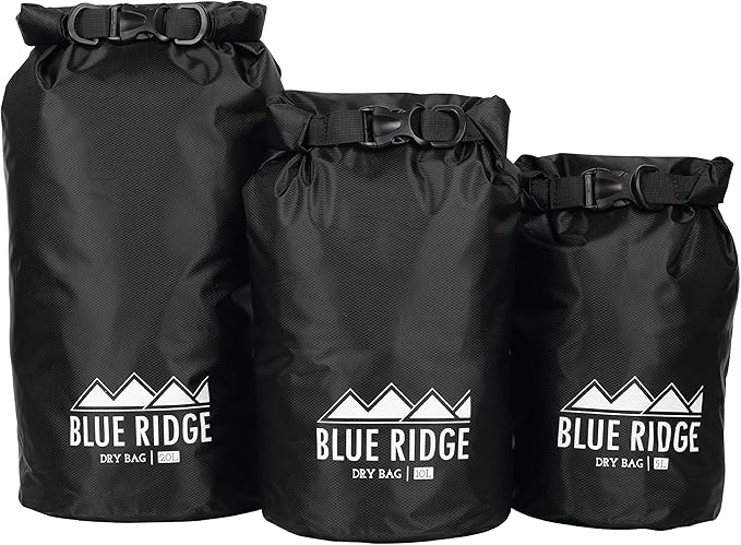 Blue Ridge Lightweight Dry Bags 3pk - 5L, 10L and 20L Sizes, All-Purpose Waterproof | Weatherproof Dry Bag for Boating, Hiking, Kayaking, Swimming, Fishing (Black)