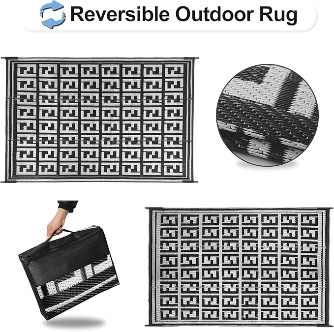 OutdoorLines Outdoor Plastic Area Rugs for Patio 4x6 ft - Reversible Outside Carpet, Stain & UV Resistant RV Mats, Straw Rug for Camping, Deck Garden, Porch and Balcony, Geometry Black & Light Grey