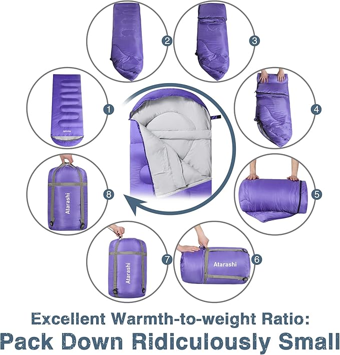 Atarashi Camping Sleeping Bag- 4 Seasons for Adults, Light, Warm, Extra-Large with Compression Sack- Great for Hiking, Backpacking & Outdoor Adventures