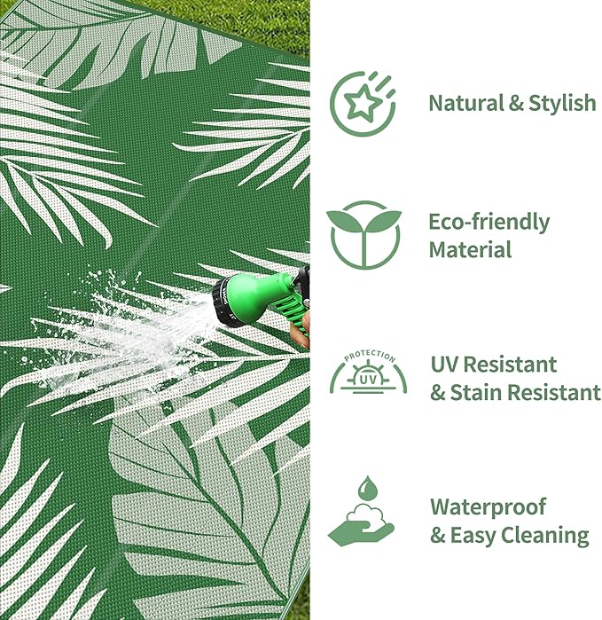 GENIMO Outdoor Rug 10' x 14' Waterproof for Patios Clearance, Reversible Outdoor Plastic Straw Camping Rug Carpet, Large Area Rugs Mats for RV, Camper, Deck, Balcony, Porch, Beach, Dark Green&White