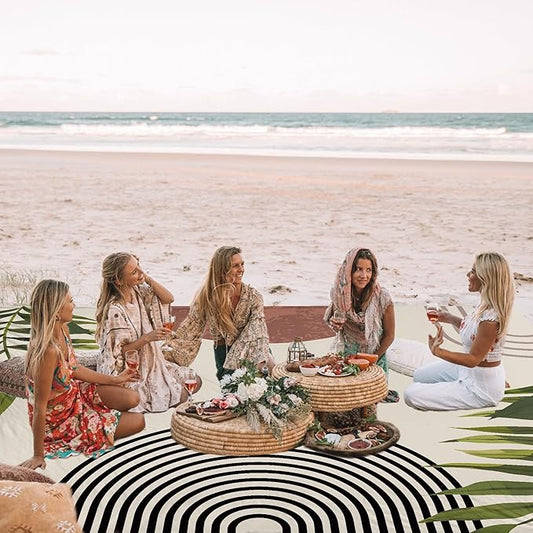 Bohemian Beach Blanket Waterproof Sandproof, 110''×118'' Oversized Sand Free Beach Mat 8 Adults, Polyester Lightweight Compact Picnic Blanket w/ 4 Stakes for Travel, Camping, Hiking - Rainbow Leaves