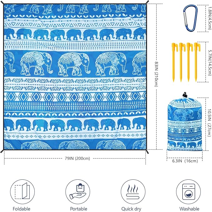 Beach Blanket Waterproof Sandproof Beach Mat for 1-8 Adults Quick Drying Durable Outdoor Picnic Mat for Beach Festival Travel Camping Hiking (Elephant-GC BL, 79"×83"(4 Person))