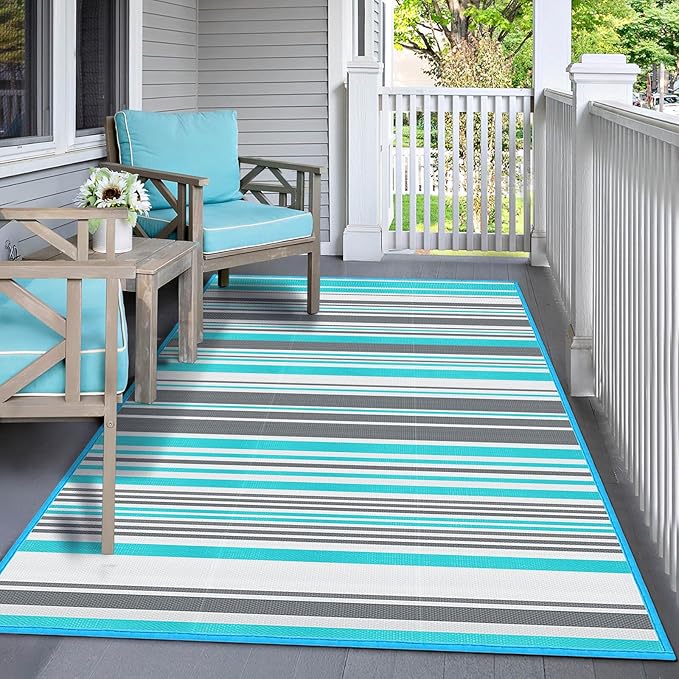 Outdoor Patio Plastic Rug Waterproof - Outdoor Rugs for Camper Outside, Rv, Porch Deck Rug Clearance, Area Carpet for Outside, Balcony, Patio Decor, Blue & Grey, 5x8 ft