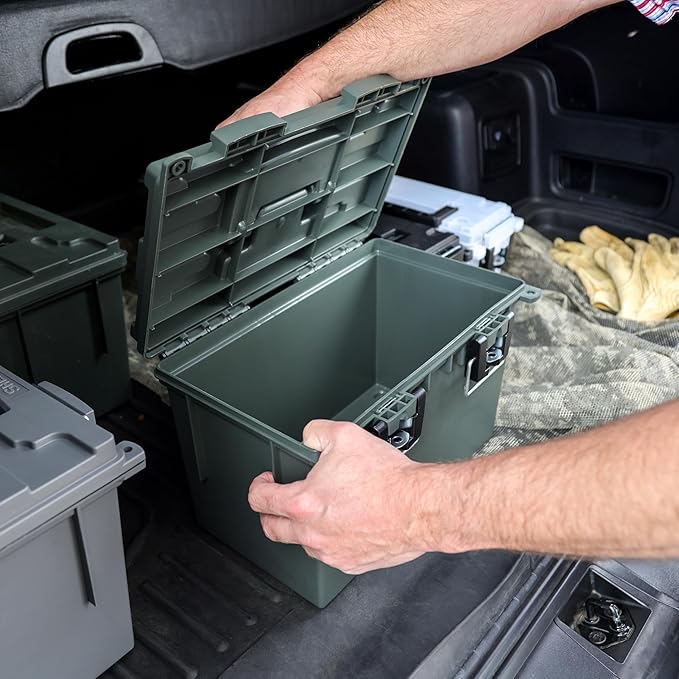 Sheffield 12774 2-Pack XL Ammo Storage Box, Stackable .50 Cal Field Boxes, Water and Dust Resistant, Lockable Storage Box with Handle, Heavy Duty Protection for Hunting Gear, Made in the USA, Green