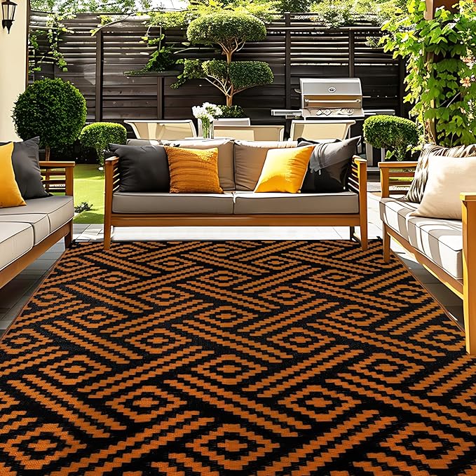 OPPODREAM Outdoor Rug 5x8 Ft, Waterproof Outdoor Plastic Straw Rug for Patio, Reversible Out Door Carpet for Camping, Deck, Rv, 5 x 8 Area Carpet for Balcony, Porch, Backyard, Black and Orange