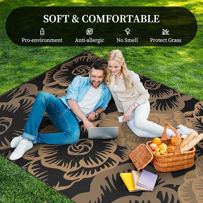 MontVoo Outdoor Rug-Waterproof Patio Rug Mat 6x9 Outdoor Carpet Mat Reversible Plastic Straw Outside Outdoor Rug for RV Camping Picnic Beach Balcony Backyard Pool Deck Farmhouse Floral Black Brown