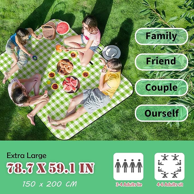 Picnic Camping Blankets, 3 Layers Thick Soft Gingham Blanket, Large 59X79IN Foldable Waterproof Rug, Portable Outdoor Mat for Beach Grass Hiking Park Travel, Sandproof, Machine Washable-Green