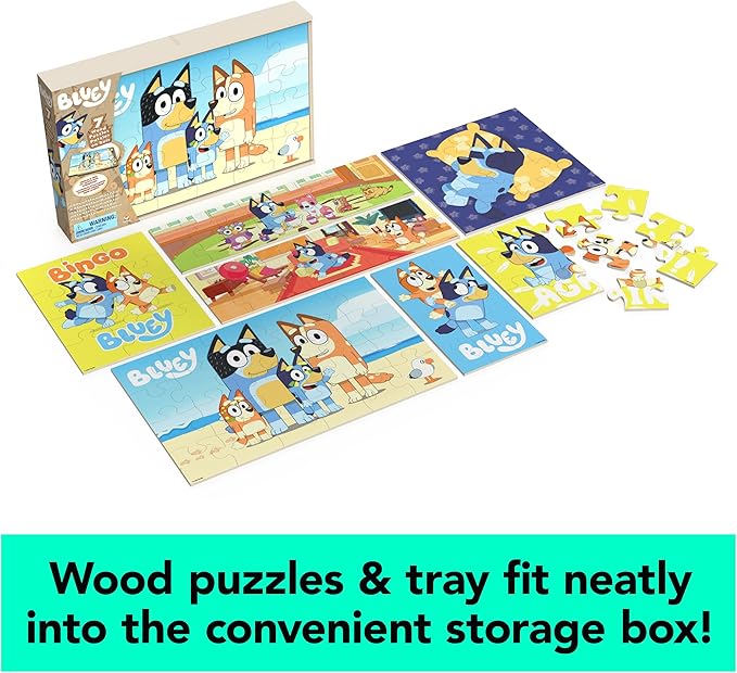 Bluey, 7 Wood Puzzles Jigsaw Bundle 12-Piece 16-Piece 24-Piece Easy Cartoon Disney Jr. Show with Storage Tray, for Kids Ages 4 and up
