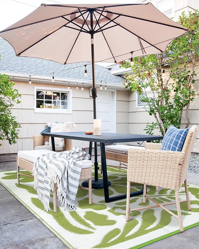 Wonnitar Outdoor Rug 8x10,Waterproof Outdoor Rugs for Patios Clearance,Reversible Outside Plastic Straw Carpet,Large Green Abstract Plant Lightweight Mat for Balcony Deck RV (Green Flower, 8'x10')