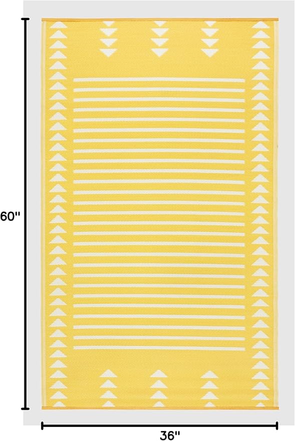 FH Home Outdoor Rug - Waterproof, Fade Resistant, Crease-Free - Premium Recycled Plastic - Geometric - Porch, Deck, Balcony, Mudroom, Laundry Room, Patio - Hampton - Yellow Crease Free - 3 x 5 ft