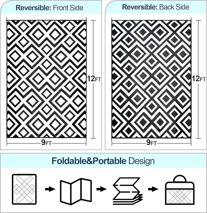 Outdoor Rug Mat for Patio, 9x12ft Waterproof Reversible Plastic Straw Rugs, Camping Carpet Area Mats for RV, Porch, Deck, Backyard, Balcony, Camper, Trailer, Black & White