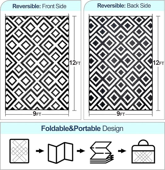 Outdoor Rug Mat for Patio, 9x12ft Waterproof Reversible Plastic Straw Rugs, Camping Carpet Area Mats for RV, Porch, Deck, Backyard, Balcony, Camper, Trailer, Black & White