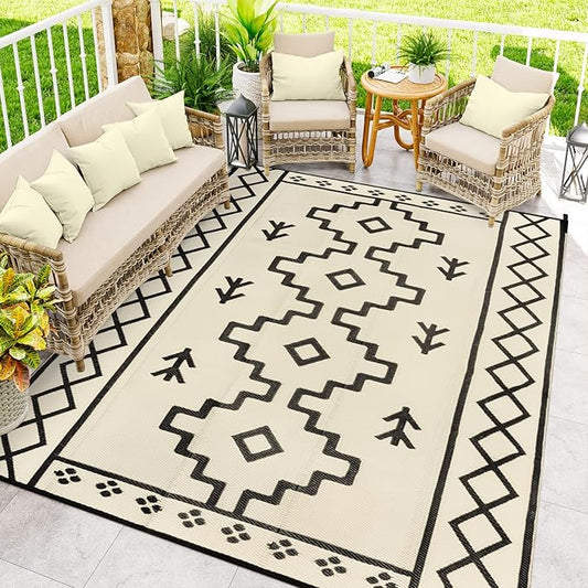 Uphome Outdoor Rugs 8x10 Waterproof, Reversible Tan Boho RV Camping Rug, Patio Plastic Straw Outside Rug, Large Foldable Outdoor Mat Carpet for Backyard Deck Pool Balcony Picnic Beach, 8'x10'