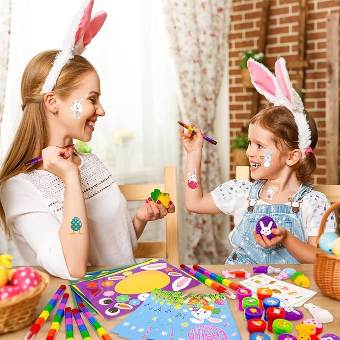 72 Pcs Easter Party Favors Easter Egg Bunny Rabbit School Exchange Gifts Coloring Books Stacking Crayons Tattoo Puzzle DIY Sticker Stampers Class Reward Prizes for Spring Easter Party Supplies