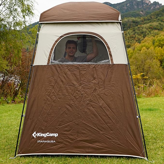 Bundle of KingCamp Oversize Coffee Camping Shower Tent and Blue Outdoor Shower Tents for Camping Changing Dressing Room Portable Toilet Tent, Easy Set Up, More Space Than Pop Up Privacy Tent