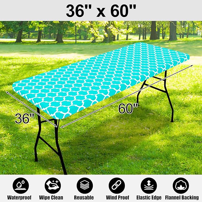 Smiry Rectangle Picnic Table Cover, Waterproof Elastic Fitted Camping Tablecloths for 5 Foot Tables, Wipeable Flannel Backed Vinyl Tablecloth Protector for Indoor, Outdoor (Teal, 36x60 Inches)