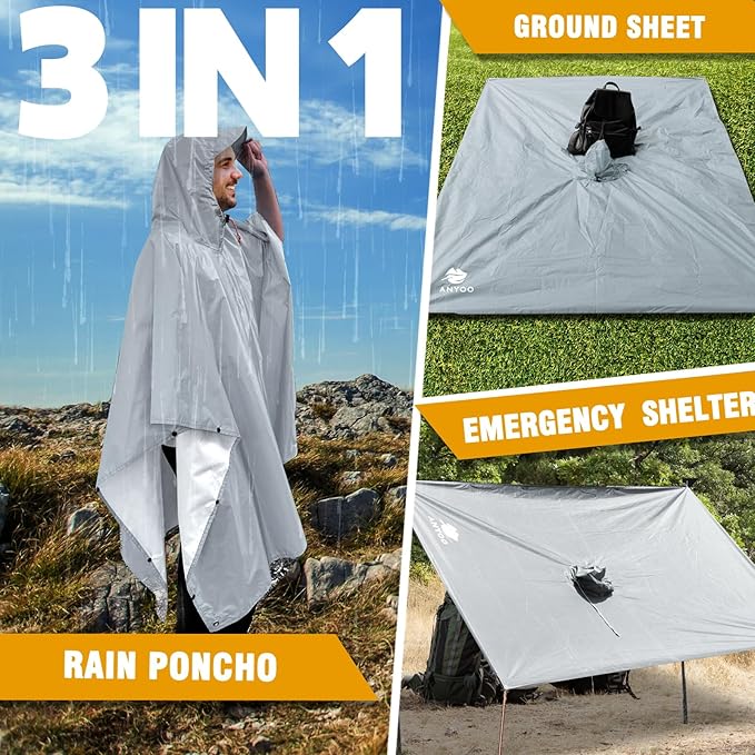 ANYOO Hooded Rain Poncho for Adults Waterproof Lightweight Rain Coat for Men Women Reusable Rain Jacket for Emergency Outdoor