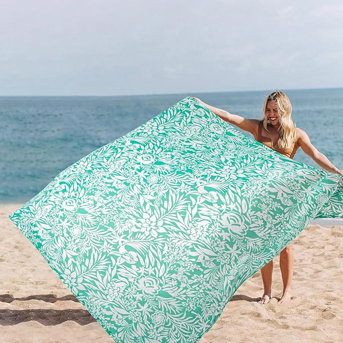 Beach Blanket Waterproof Sandproof Oversized, 110''×118'' Extra Large Beach Mat Sand Free, Lightweight Compact Folable Pinic Blanket w/ 4 Stakes & Pockets for Camping, Travel