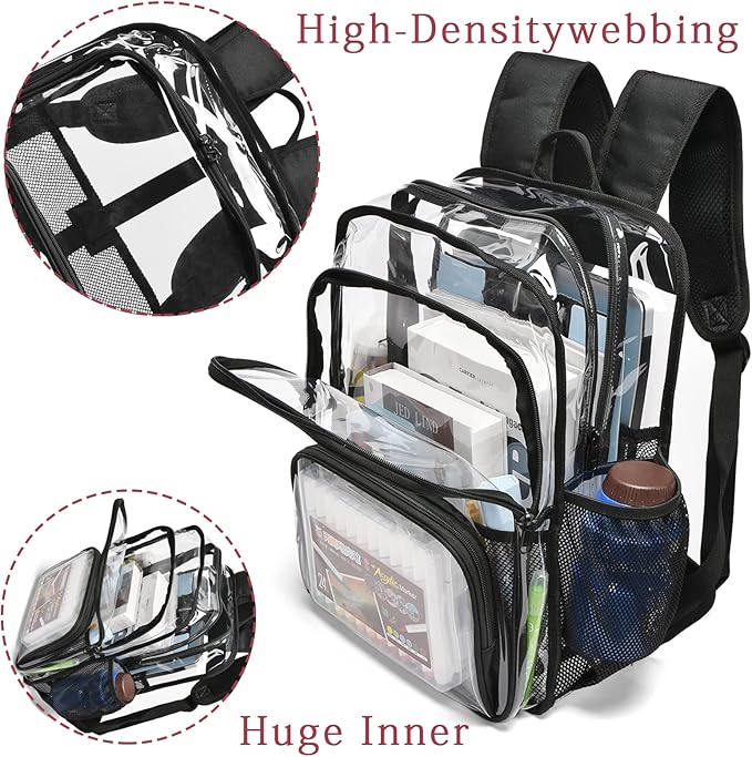 Clear Backpack, 15'' Clear Backpacks for School Heavy Duty See Through Bookbag Multi-pocket PVC Backpack for Men Women, Blue