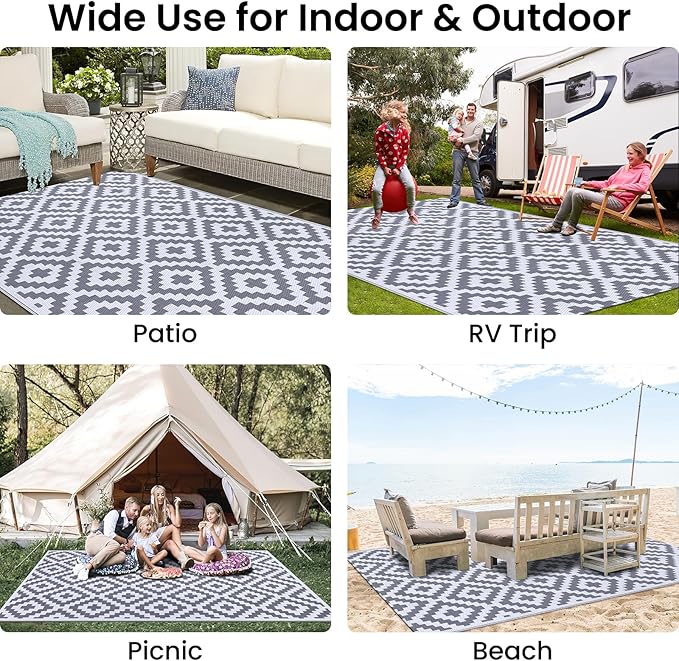 Smiry Waterproof Outdoor Rug 5x8 ft, Reversible Plastic Straw Patio Camping Rugs, Outdoor Indoor RV Mat Carpet for Patio, Outside Entry, Backyard, Deck, Bench, Picnic, Camper, White & Grey