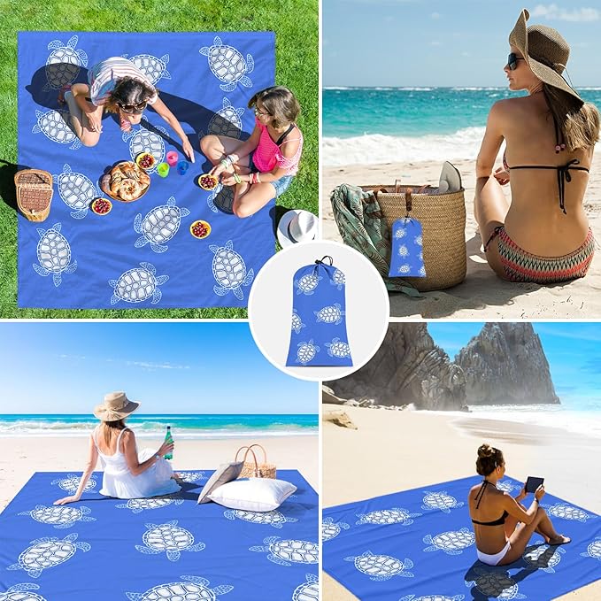 Beach Blanket Waterproof Sandproof, Blue Baby Sea Turtle Polyester Beach Mat Sand Free for 2-4 Adult, Extra Large Portable Compact Picnic Blankets for Outdoor, Travel,Camping,Hiking