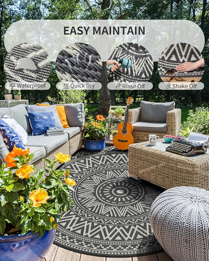 MontVoo Outdoor Rug Carpet Waterproof Round 8ft Outdoor Patio Rug Mat Reverisble Plastic Straw Outdoor Rug for RV Camping Picnic Beach Balcony Boho Grey