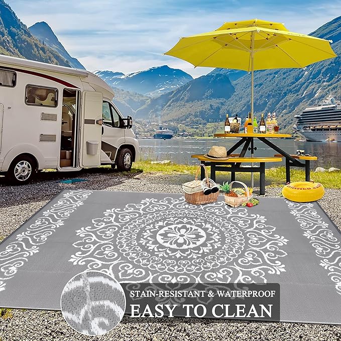 Pauwer Waterproof Outdoor Rug 9x12, Reversible Plastic Straw Patio Camping Rug, Indoor Outdoor RV Mat Carpet for Deck, Camper, Porch, Balcony, Backyard, Picnic, Floral Grey