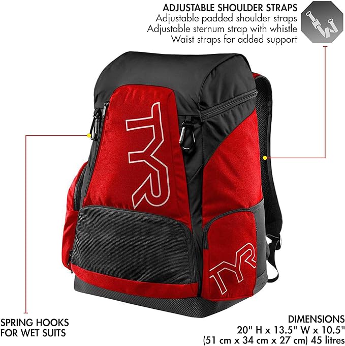 Alliance Backpack, 45L Capacity, Wet and Dry Compartments, Team Colors, Red/Black, 45 Liter