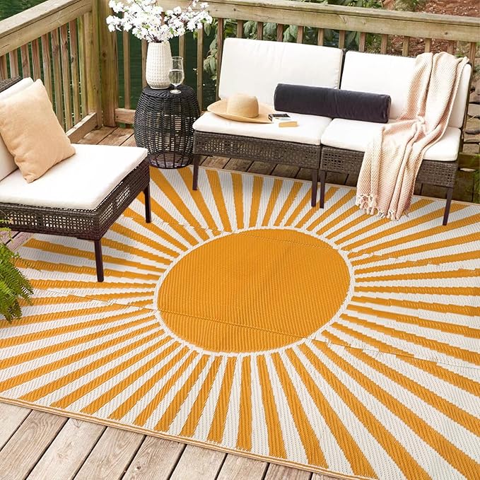 Wonnitar Outdoor Rug 8x10 Patio Waterproof Rugs - Large Reversible Plastic Straw Rug, Portable Outside Camping Mat for RV Deck, Lightweight Outdoor Carpet for Beach Garden (Orange, 8'x10')