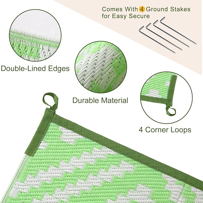 OPPODREAM Outdoor Rug 8x10 Patio Waterproof, Large Outdoor Plastic Straw Rug, Reversible Out Door Carpet for Camping, Deck, Rv, 8 x 10 Area Carpet for Balcony, Porch, Backyard, White and Green