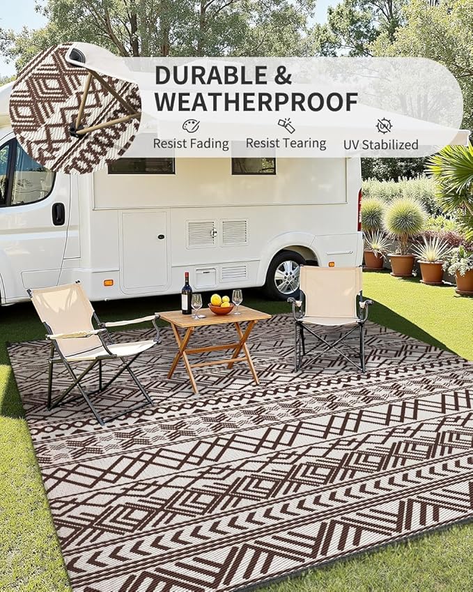 MontVoo Outdoor Rug Carpet Waterproof 5x8 Outdoor Patio Rug Mat Reverisble Plastic Straw Outdoor Rug for RV Camping Picnic Beach Balcony Boho Beige Brown