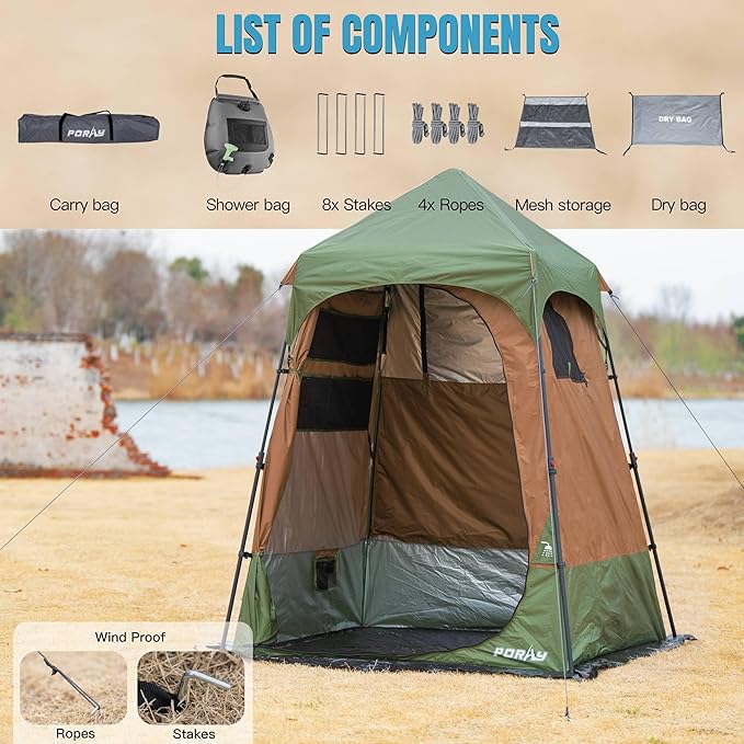 Portable Camping Shower Tent Deluxe Changing Room with Shower Bag Easy Set Up Privacy Shelter,Large Toilet Tent with Floor Drain Design for Beach,Camping,Hiking with Stakes and Ropes for Stability