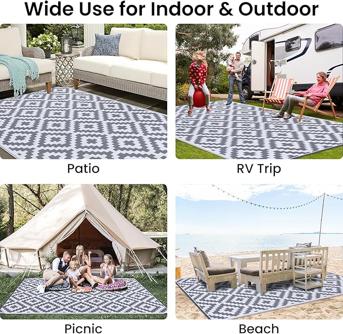 Smiry Waterproof Outdoor Rug 8x10 ft, Reversible Plastic Straw Patio Camping Rugs, Outdoor Indoor RV Mat Carpet for Patio, Outside Entry, Backyard, Deck, Bench, Picnic, Camper, White & Grey