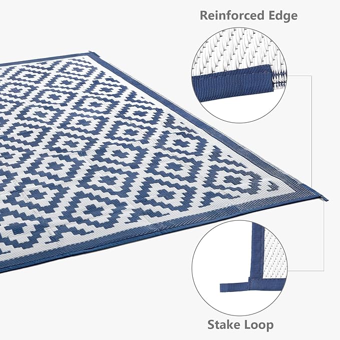 Outdoor Rug 8x10 Patio Waterproof, Plastic Straw Outdoor Carpet - UV Resistant Reversible Indoor Outdoor Rugs for Porch, Camping, Poolside, RV, Balcony, Easy to Clean, Blue and White