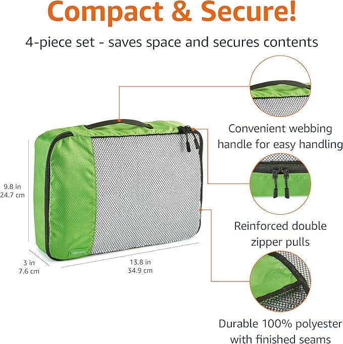 Amazon Basics Medium Packing Cubes for Travel, Packing Organizers, 4-Piece-Set With Double Zipper Pulls and Mesh Top Panel, 100% Durable Polyester, Green, 13.8"L x 9.8"W x 3"H