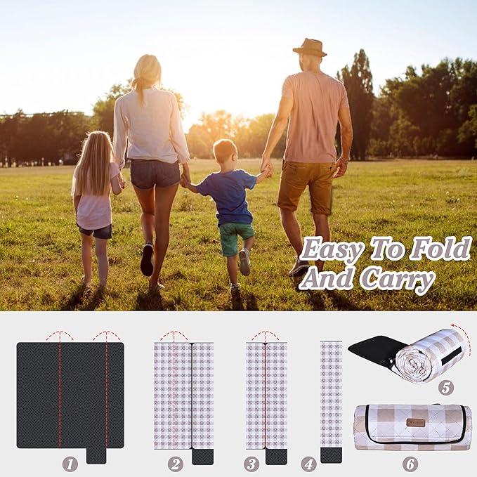 HX&OD Outdoor Picnic Blanket, Extra Large, 80''x60'' Waterproof Foldable Blankets Gingham Picnic Mat for Beach, Camping Grass Lawn Park Accessories Cute Couple Ideas Wedding (Light Brown, 80”x60”)