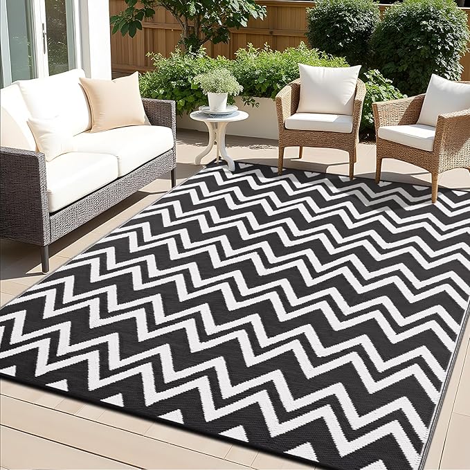 OLANLY Waterproof Outdoor Rug 8x10 ft Clearance, Reversible Outdoor Plastic Straw Rug, RV Mat, Indoor Outdoor Carpet for Patio, Camping, Balcony, Deck, Backyard, Black & White