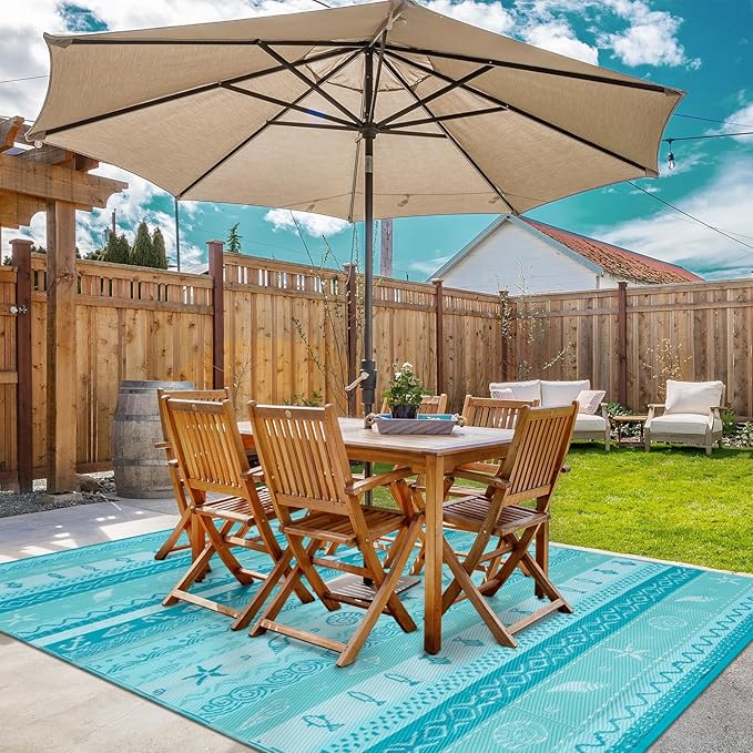 Lahome Outdoor Rug Waterproof, 6x9 Reversible Outdoor Plastic Straw Rug for Camping, RV Patio Rugs Large Carpet for Porch Deck Backyard Balcony Picnic(Blue/Multi,6'x 9')