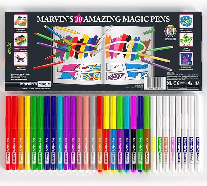 Marvin's Magic - 30 Amazing Magic Pens - Color Changing Magic Pen Art - Create 3D Lettering, Write Secret Messages - Stationery Supplies, Art Supplies for Kids, Coloring Markers and Kids Drawing Kit