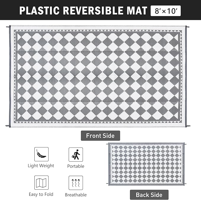 Outdoor Waterproof Rug 8'x10' Plastic Straw Rugs Washable Reversible Floor Mat Grey Plaid Carpet for Camping RV Deck Entryance Porch Picnic Balcony Beach Backyard