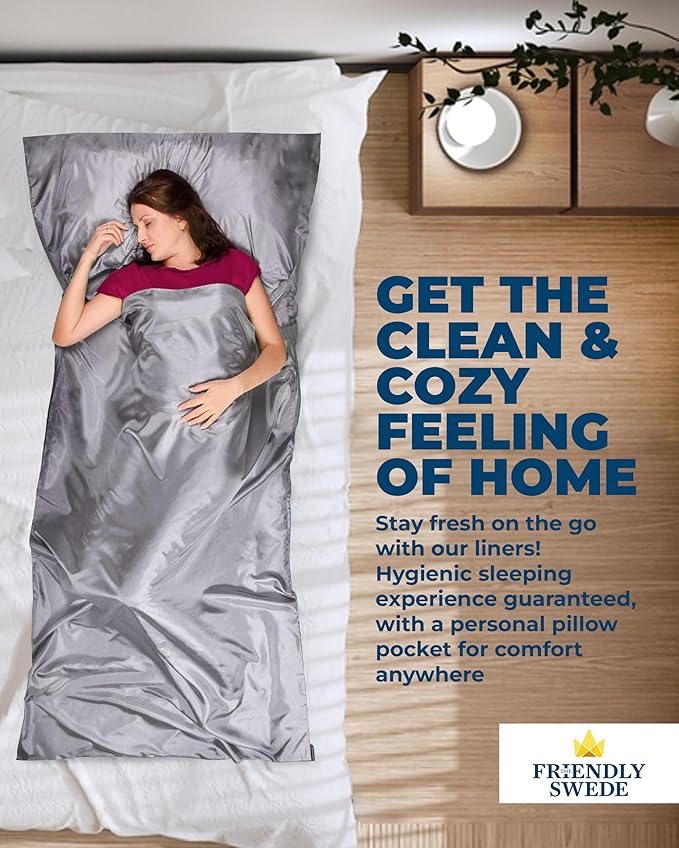 The Friendly Swede Sleeping Bag Liner — Ultralight Polyester or Cold Weather Microfiber Adult Sleep Sack; Thin Travel Sheets for Hotel; Camping Sheets; Travel Sleeping Bag with Pocket-Size Stuff Sack