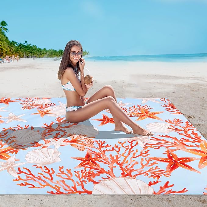 Beach Blanket, Waterproof Sandproof Beach Blanket with 4 Stakes & 4 Pockets, 78''×86'' Large Compact Lightweight Sand Free Outdoor Mat Essentials for Camping, Travel, Hiking