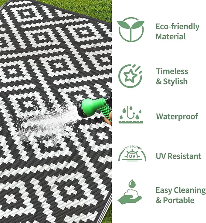 GENIMO 5x8 Outdoor Rug Waterproof, Reversible Mats, Outdoor Area Rug, Plastic Outside Carpet, Geometric Rv Mat for Patio Camping Rv Picnic Backyard Deck Balcony Porch Beach Trailer (Black & White)