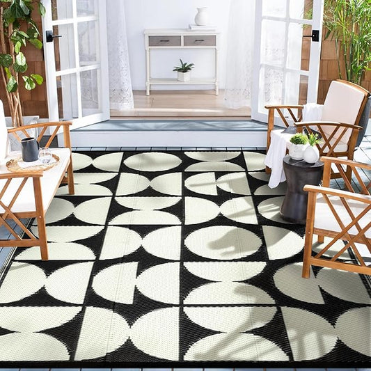 Wonnitar Waterproof 6x9 Outdoor Rug for Patio Clearance, Reversible Plastic Straw Rug Large Portable Camping RV Rug, Geometric Outside Area Rug for Backyard Balcony Garden (Black & White,6'x9')