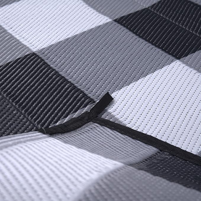 RURALITY Outdoor Rugs 8x10 Waterproof for Patios Clearance,Plastic Straw Mats for Backyard,Porch,Deck,Balcony,Reversible,Black&White&Grey