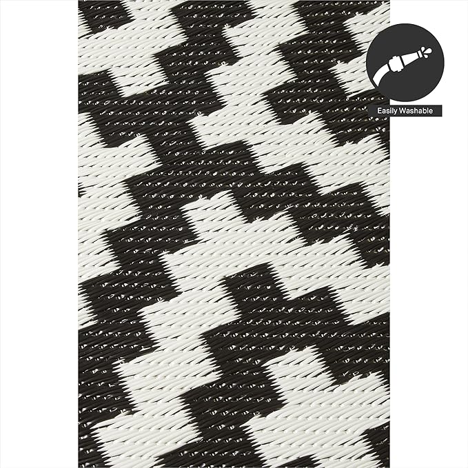 FH Home Outdoor Camping Rug - Waterproof, Fade Resistant, Reversible - Premium Recycled Plastic - Geometric - Patio, Deck, Sunroom, RV - Aztec - Black & White - 5 x 8 ft Foldable