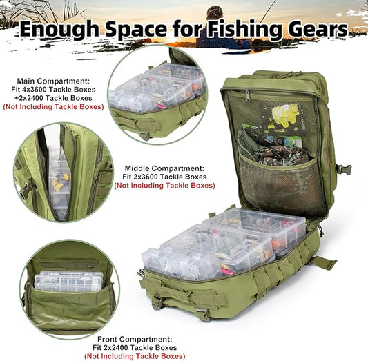 45l Large Fishing Tackle Backpack with Removable Plier Holder & Rod Holders, Green Tactical Bag, Fishing Gear and Tackle Box Organizer, Hiking Rucksack without Tackle Box