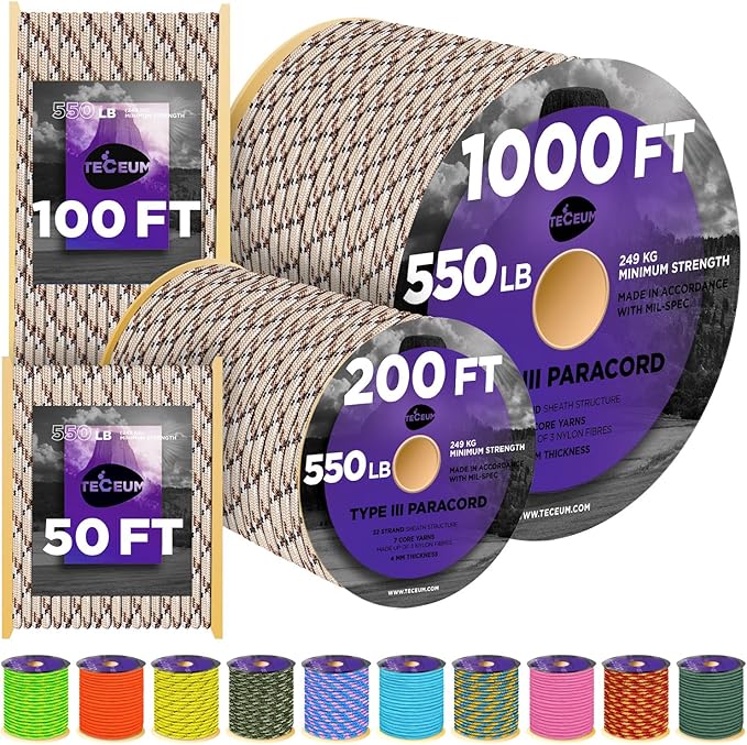 TECEUM Heavy Duty Rope 1000 – 1000ft / 200ft / 100ft / 50ft – 40+ Colors – Utility Rope for Survival & Camping Gear – Nylon String, Camping Rope, para Cord, Utility Nylon Rope, Tent Cord