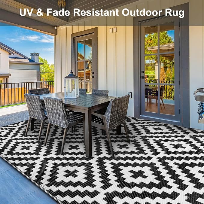 Outdoor Patio Plastic Straw Rug - 9'x18' Outdoor Camping Rug Waterproof Reversible, Area Carpet Patios Clearance RV, Outside Porch Balcony Deck for Camper, Black & White