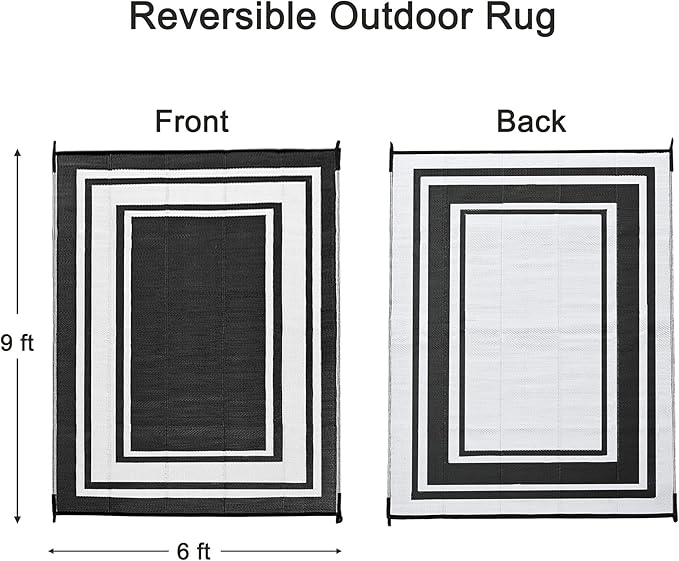 RURALITY Outdoor Rugs 6x9 Waterproof for Patios Clearance,Plastic Straw Mats for Backyard,Porch,Deck,Balcony,Reversible,Black and White